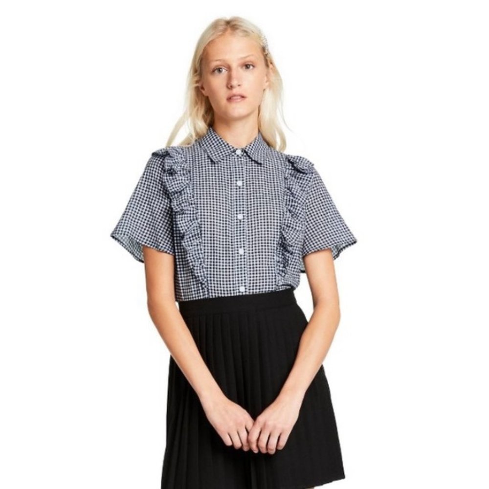 NWT Sandy Liang for Target Gingham Short Sleeve Ruffle Button Down Shirt